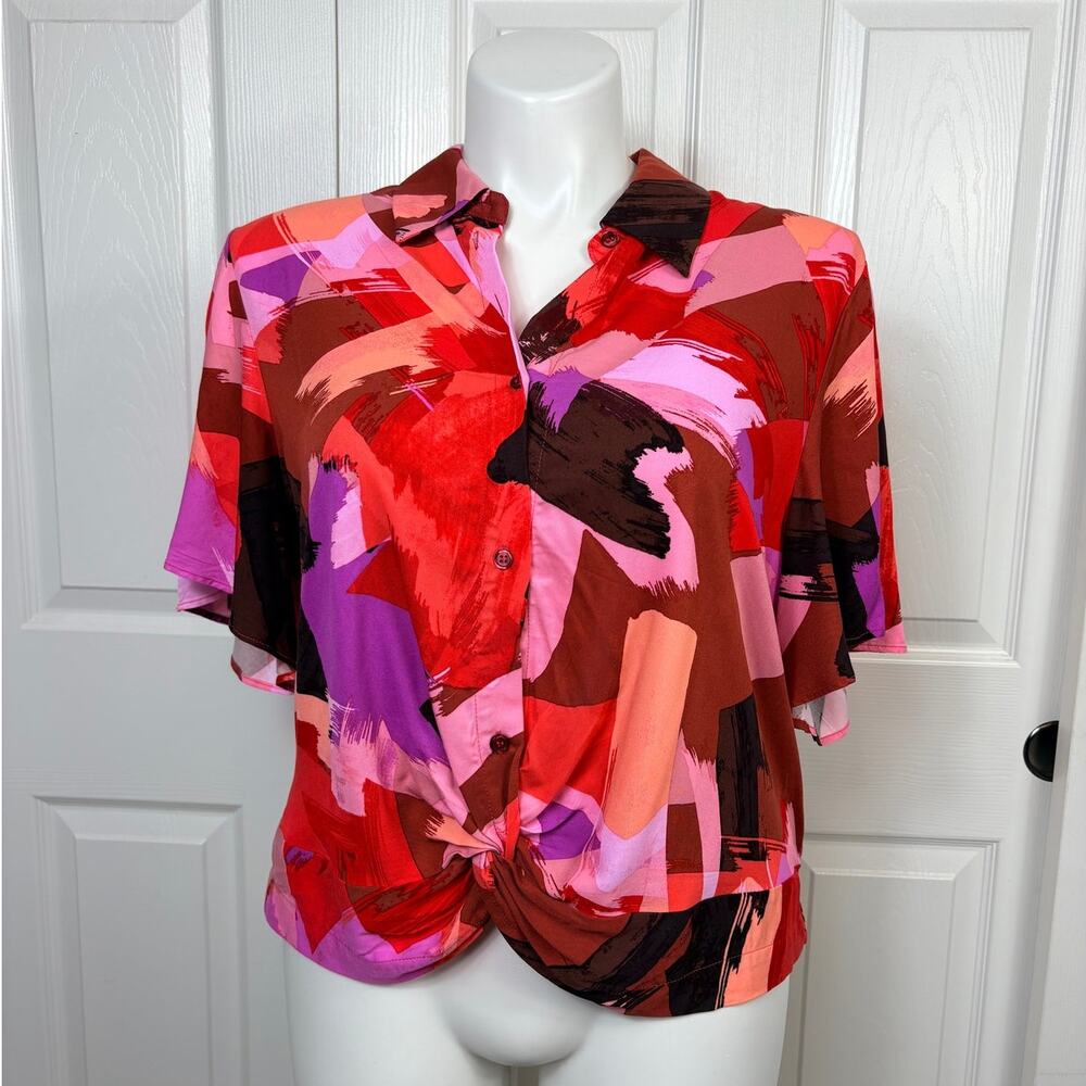 Nina Parker Short Sleeve Button-Down Blouse Multicolor Size 2X NWOT